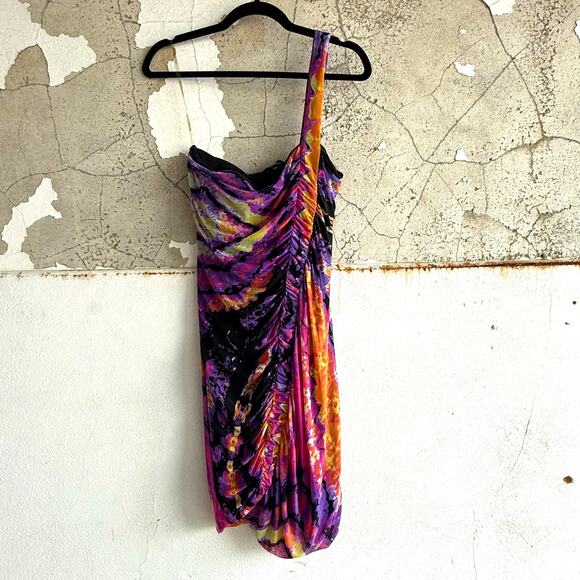 Rampage Dress One Shoulder Ruched Cocktail Mini Tie Dye Multicolor Y2K Party - Picture 1 of 7